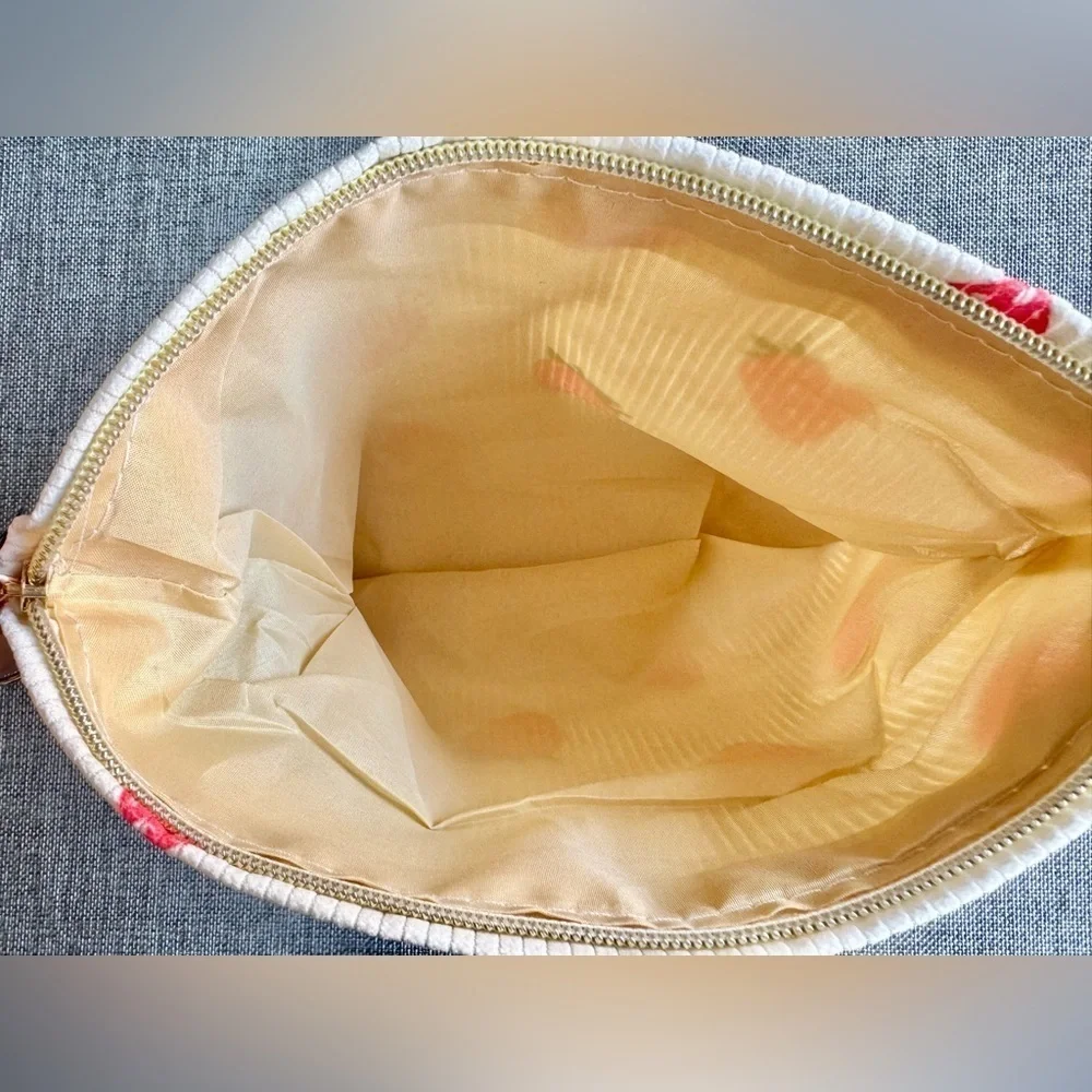 New Red Strawberry Lined Corduroy Makeup Cosmetic Tech Pencil Bag w/ Charm - 10”